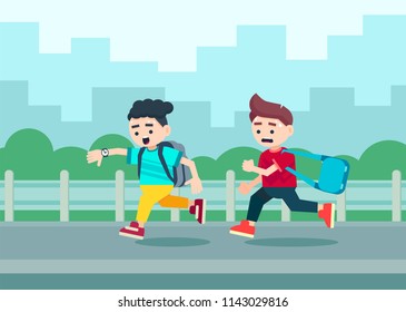 Two boys with backpacks are late and running along the road. Couple of elementary school pupils. Vector flat illustration in a cartoon style.