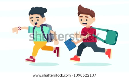 Two boys with backpacks are late and running. Couple of elementary school pupils. Vector illustration in a flat style.