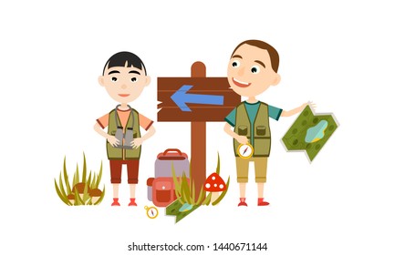 Two boys with backpacks are looking for a way with the help of a map, binoculars and a compass. Camping and children's summer camp. Cute Vector Illustration