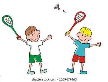Two boys and badminton, funny vector illustration