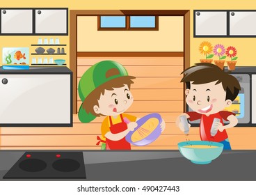 Two boys baking in kitchen illustration