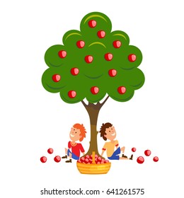 Two boys with a basket of apples. A colored cartoon illustration of apple, boys, basket with apples. Harvesting. Vector illustration