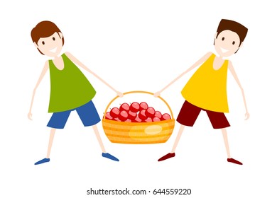 Two boys with a basket of red apples. Harvesting. Vector illustration