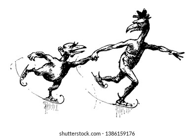 Dos niños con caras de pájaro jugando al patinaje, dibujo de línea vintage o ilustración de grabado