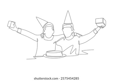 Two boys at a birthday party. Children birthday celebrations concept one-line drawing
