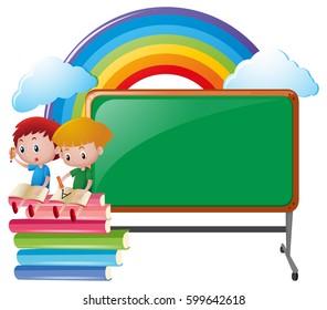 Two boys and blank blackboard illustration