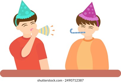 Two boys blew their trumpets cheerfully, filling the air with cheerfulness and enthusiasm. Like tunes, they teach us the meaning of simple happiness and eternal friendship.