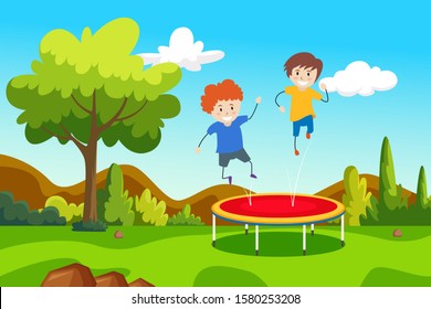 Two boys bouncing trampoline on the park. Modern design vector illustration for drawing book cover, web landing page, wallpaper, background, art book illustration and your concept.