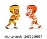 Two Boys Boxing Training Ready, Wearing Boxing Gloves and Protective Headgear Smiling