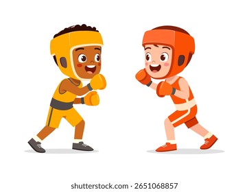 Two Boys Boxing Training Ready, Wearing Boxing Gloves and Protective Headgear Smiling