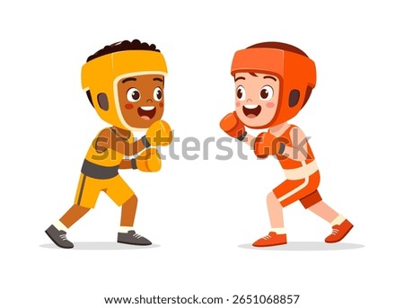 Two Boys Boxing Training Ready, Wearing Boxing Gloves and Protective Headgear Smiling