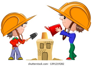 Two boys in building helmets building a house of sand, vector illustration