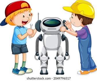 Zwei Jungen, die Roboter auf weißem Hintergrund bauen