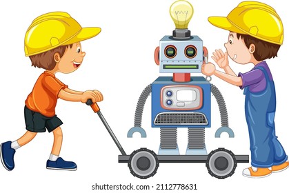 Two boys building robot on white background illustration