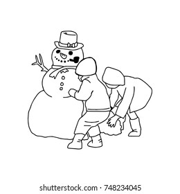 Two Boys Building A Snowman Vector Illustration Drawing With Black Outlines, Isolated On White Background