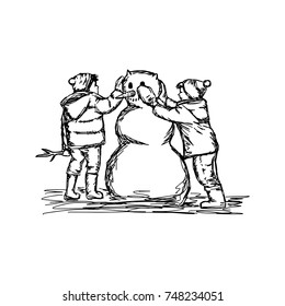 two boys building a snowman vector illustration sketch hand drawn with black lines, isolated on white background