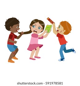 Two Boys Bullying A Girl, Part Of Bad Kids Behavior And Bullies Series Of Vector Illustrations With Characters Being Rude And Offensive