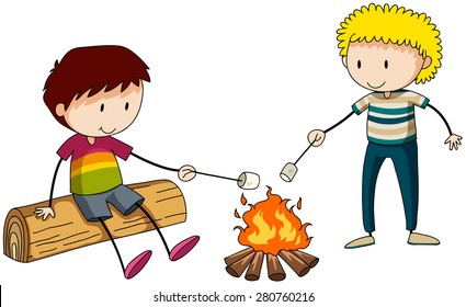 Two Boys Burning Marshmellow At The Campfire