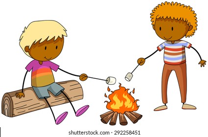 Zwei Jungen, die Marshmallow am Lagerfeuer brennen