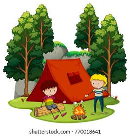 Two boys camping in the forest illustration