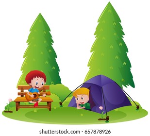 Two boys camping out in the park illustration