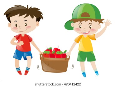 Two boys carrying basket full of apples illustration