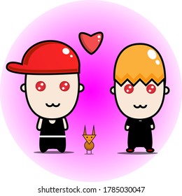 Two Boys With A Cat Vector Character Illustration 