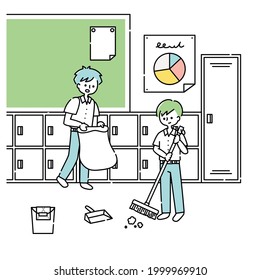 Zwei Jungen putzen das Klassenzimmer
