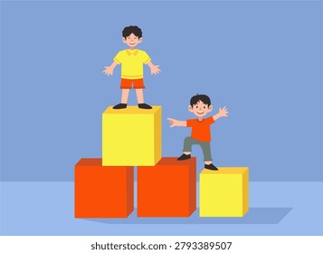 Two Boys Climbing on Blocks