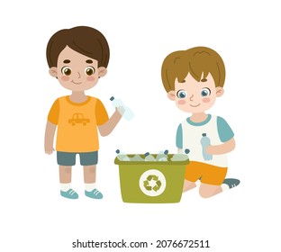 Two boys collect plastic waste in container. Cartoon kids throw bottles into a box for recycling.