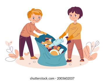 Two boys collect trash in a trash bag. Garbage recycling nature cleaning concept. Vector illustration in flat cartoon style. Isolated on a white background.