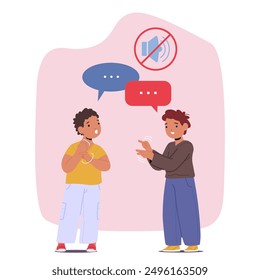 Two Boys Communicating In Sign Language. Characters Standing Under the No Sound Sign, Promoting The Importance Of Nonverbal Communication For Those Who Are Deaf Or Hard Of Hearing. Vector Illustration