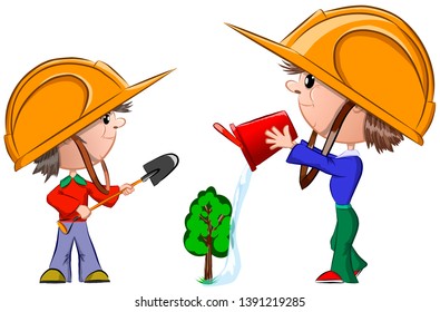 Two boys in construction helmets plant a green tree, vector illustration