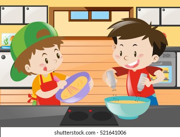 Two boys cooking in the kitchen illustration