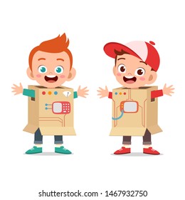 Two boys with costumes made of cardboard box illustration