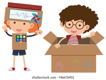 Two boys with costumes made of cardboardbox illustration