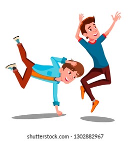 Two Boys Dancing Break On Arms Vector. Isolated Illustration