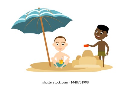 Two boys of different races in summer clothes playing on the beach, drinking cocktails and building a sand castle. No to racism. Vector illustration