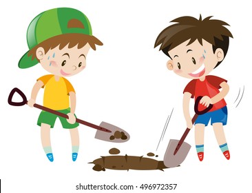 Two boys digging hole with shovels illustration