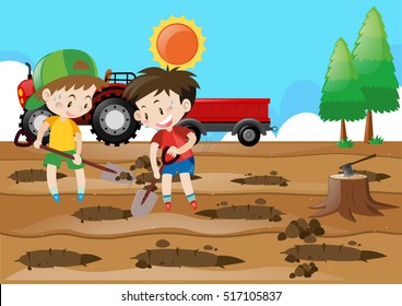 Two boys digging holes on the ground illustration