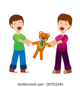 two boys divide a toy bear cry, vector illustration