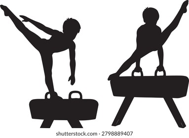 Two boys doing gymnastic exercises on pommel horse equipment.