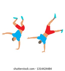 Two boys doing some stunts. Two man are dancing. Breakdancers on a white background.