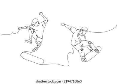 Dos chicos haciendo un truco con skatebboard marcan una línea de arte. Dibujo continuo de deportes, entrenamiento, deporte, ocio, adolescente, cultura callejera, subcultura, urbano, extremo, joven, estadio.