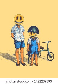 Two boys with emoticons instead of faces. Angry little bikers with retro tricycle. Vector illustration.