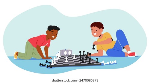 Two Boys Engrossed In Game Of Chess. One Boy Is Kneeling While Making A Move, While The Other Sit Comfortably Watching The Game Progress. Vector Scene Conveys A Sense Of Learning, Strategy, Friendship