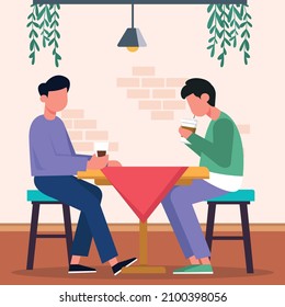 Two boys enjoying coffee together while chatting together. Vector colorful illustration. Coffee.