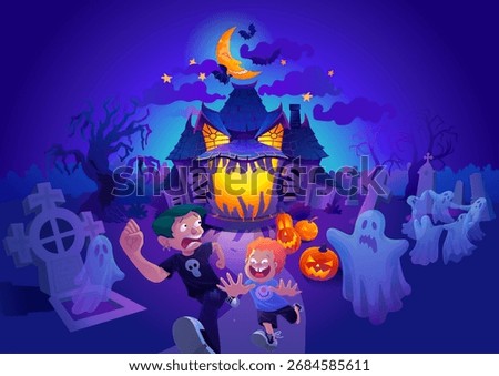 Two boys escaping from a scary haunted house with an evil face. The spooky vector scene includes gravestones, glowing pumpkins, creepy trees and flying ghosts 