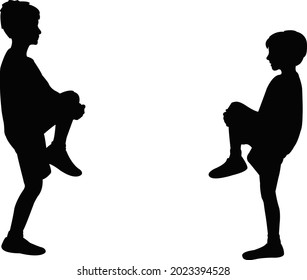 dos niños haciendo ejercicio, vector de silueta