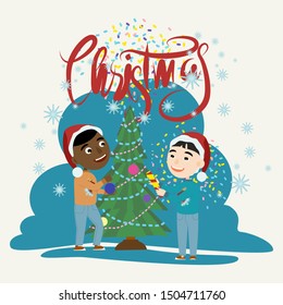 Two boys in festive winter clothes decorates a large Christmas tree with balls and garlands. Winter fun. Christmas and New Year. Vector illustration of kids